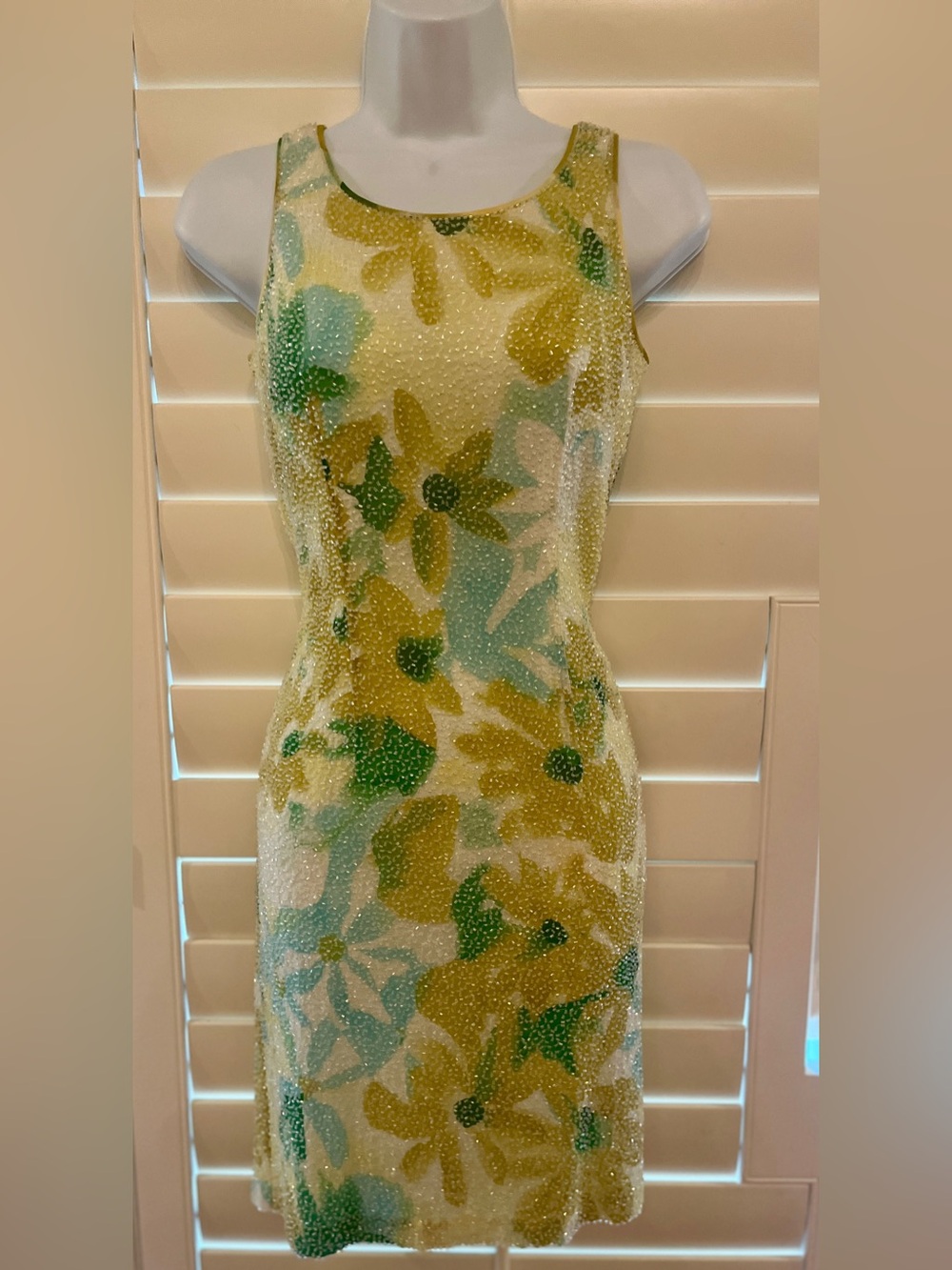 Vintage Kay Unger Yellow and Green Floral Beaded Sheath Dress